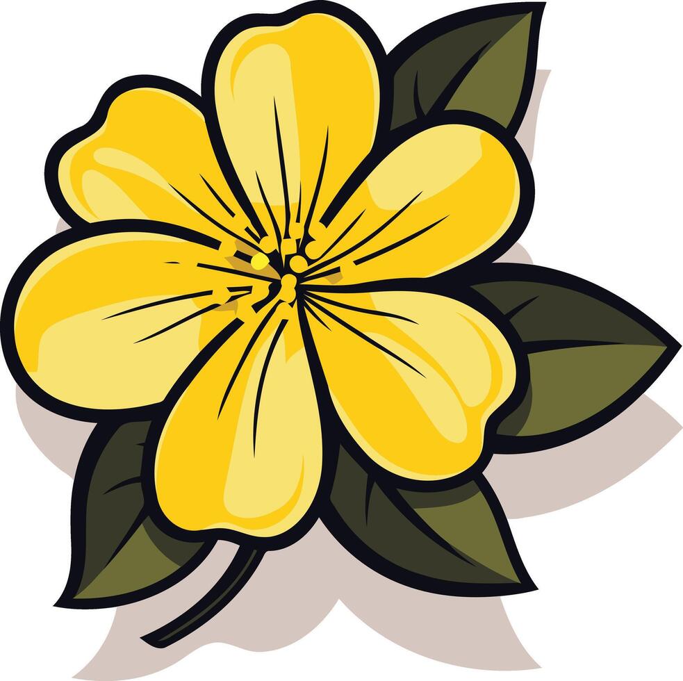 A vibrant, cartoon-style yellow flower with green leaves vector