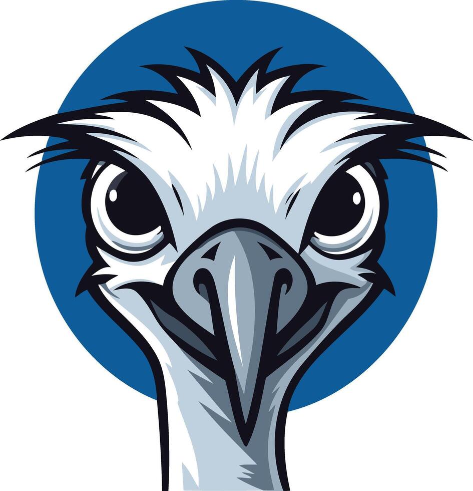 A cartoon emu head, looking directly at the viewer with a curious and slightly mischievous expression vector