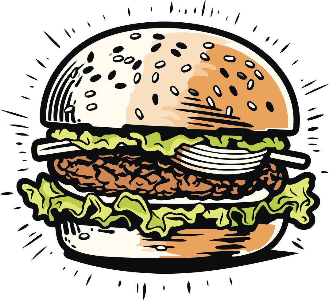A delicious cartoon burger with sesame seeds, lettuce, onions, and a juicy patty vector