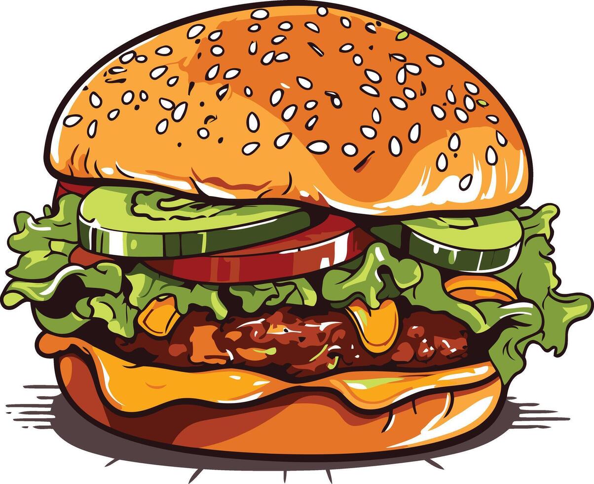 A mouthwatering cartoon burger, perfect for use in restaurant menus, fast food promotions, or social media graphics vector