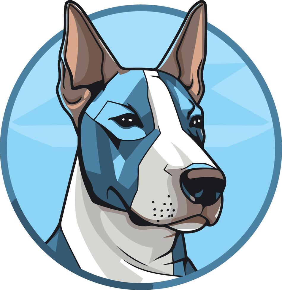 A stylized, cartoon-like illustration of a dog's head, featuring a blue and white color scheme and a geometric design vector
