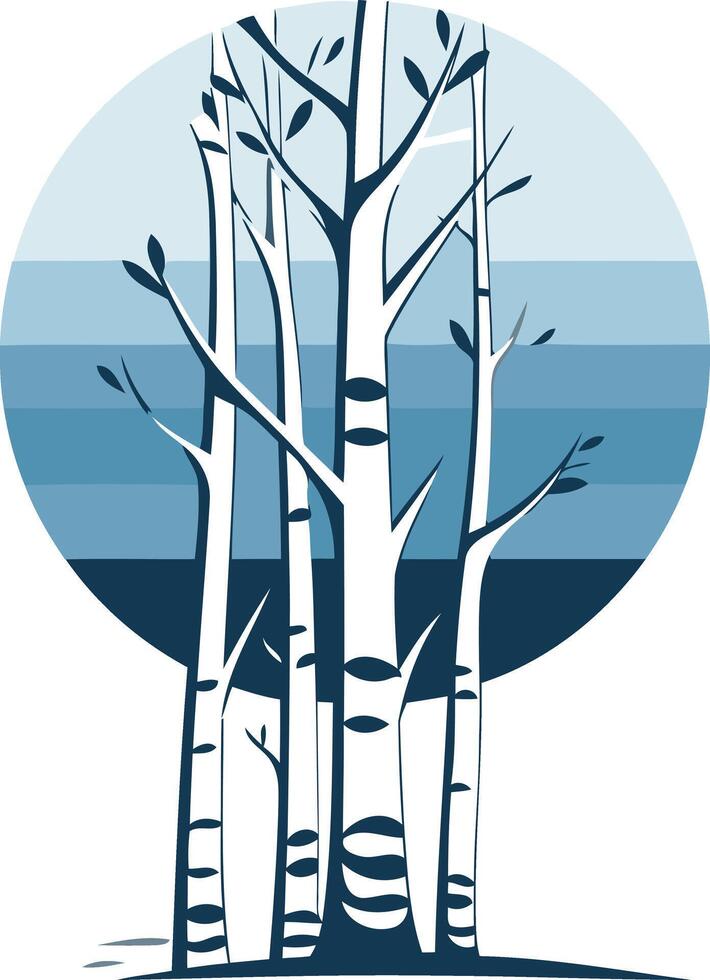 A minimalist, stylized design featuring a group of birch trees against a blue gradient circle background vector