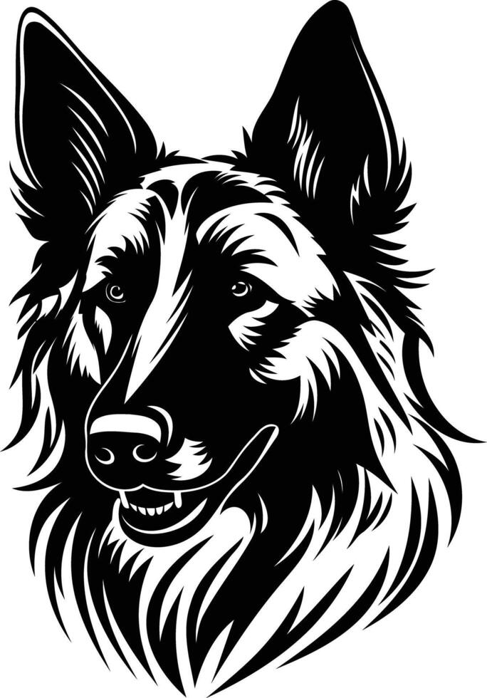 Black and white illustration of a friendly-looking belgian shepherd dog with a detailed fur texture, perfect for creating unique designs and branding materials vector