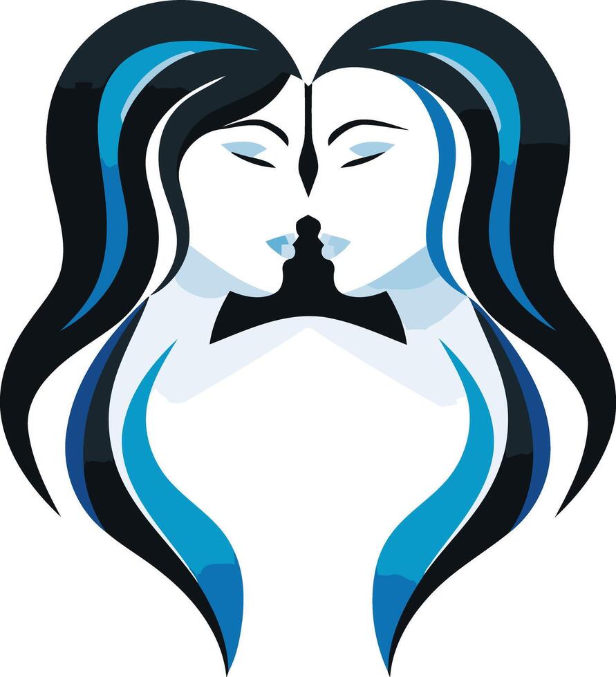Abstract illustration of two mirrored female profiles, representing duality and unity vector