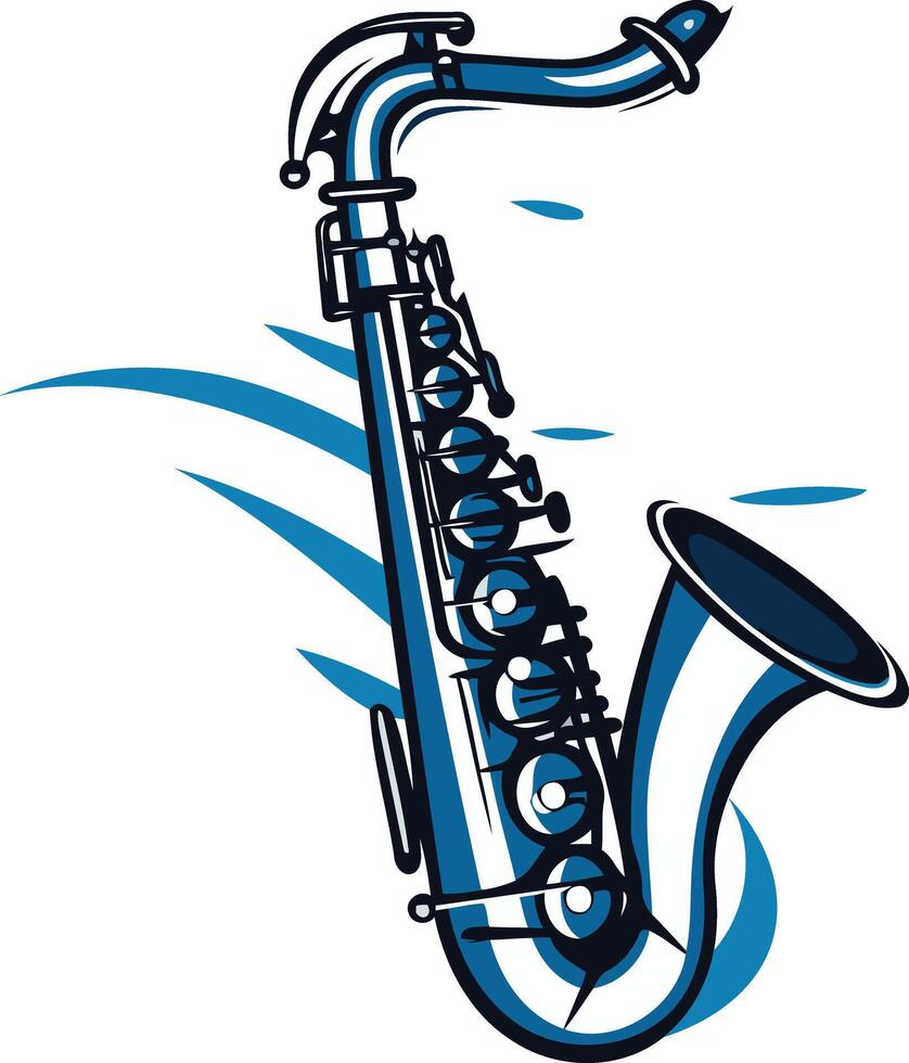 A stylized blue saxophone with musical notes flowing behind it vector