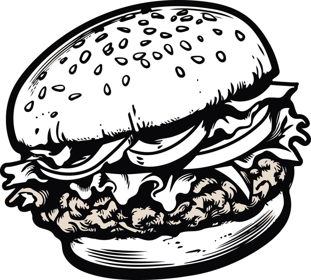 A classic black and white illustration of a juicy hamburger, perfect for food-related projects, menus, or social media content vector
