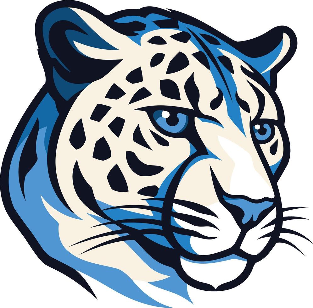 A striking illustration of a snow leopard's head, showcasing its intricate markings and piercing blue eyes vector