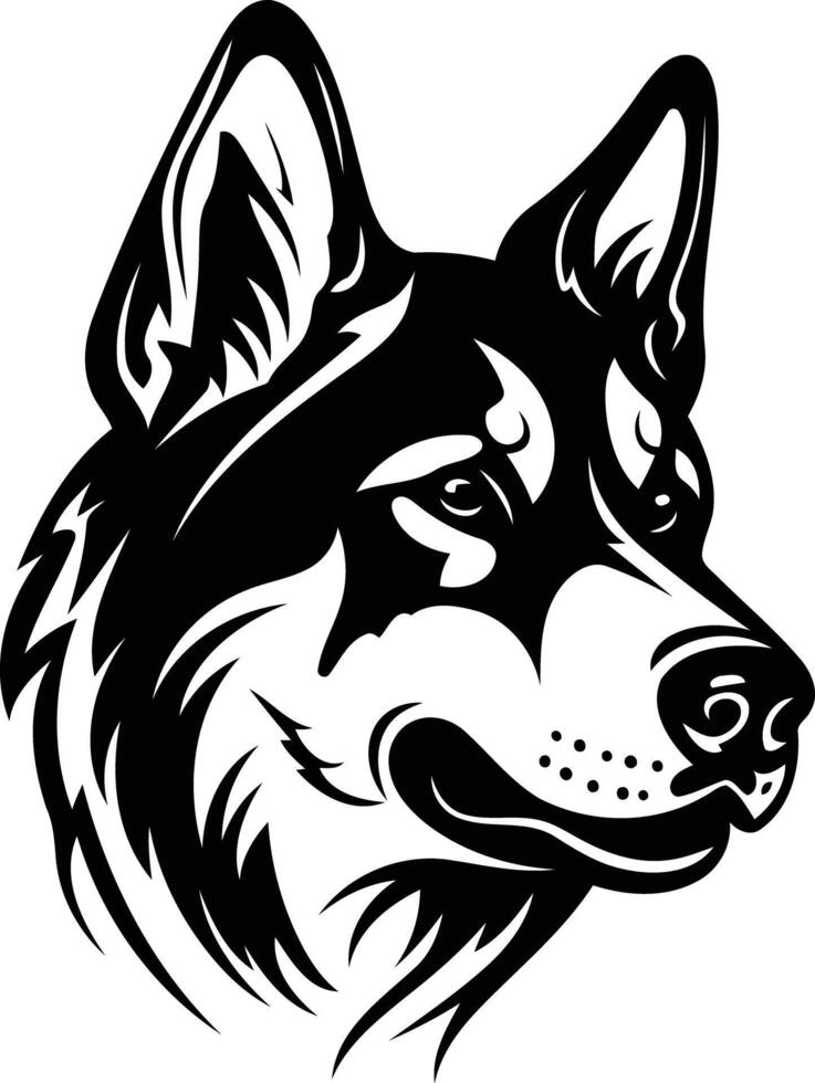 A bold black and white illustration of a husky's head, perfect for tattoo designs, logos, or branding vector