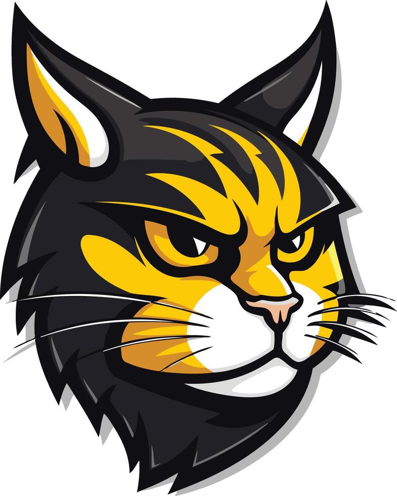 A fierce and determined cartoon cat head, with bold black and yellow stripes vector