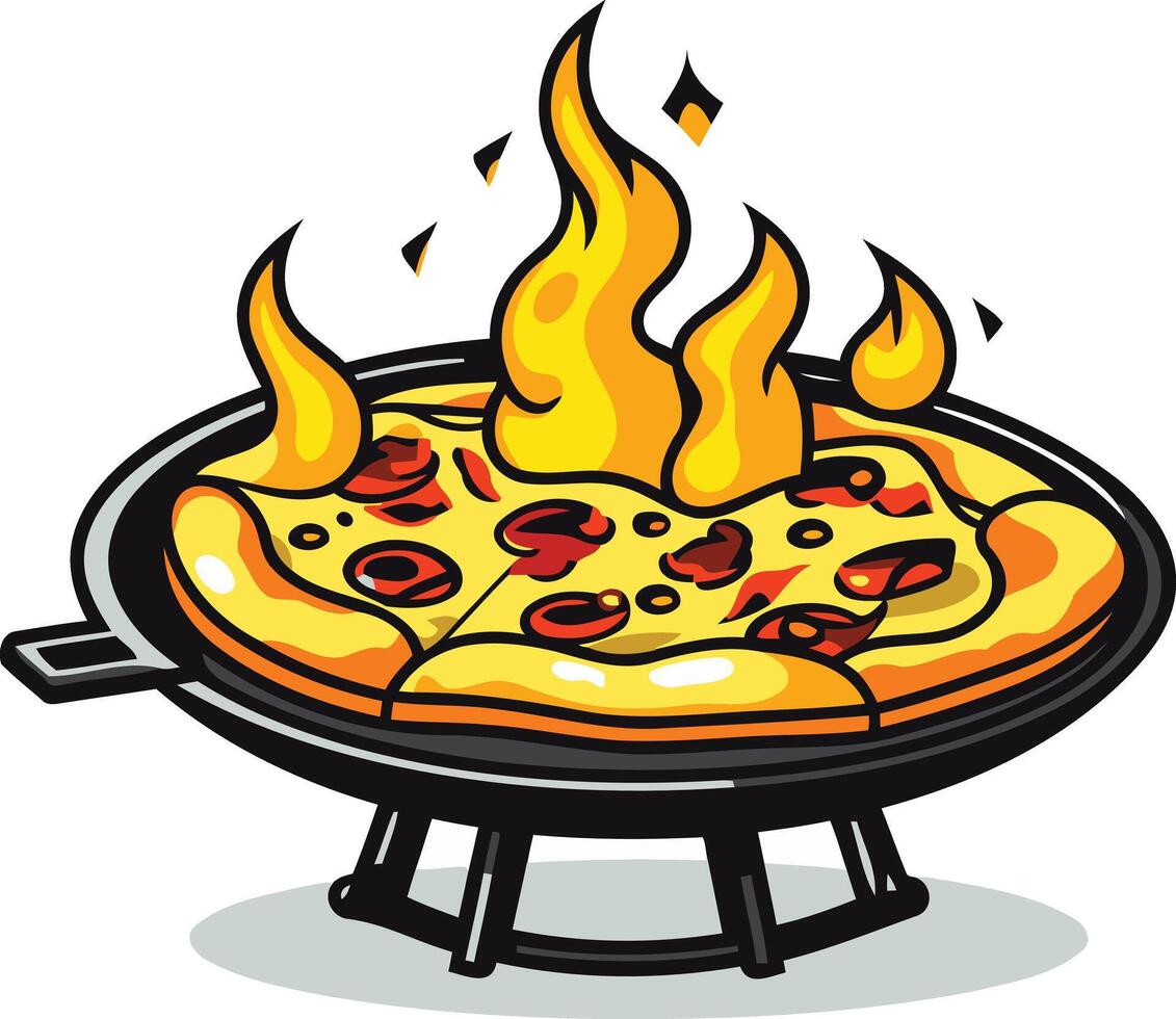 A delicious cartoon pizza on a grill, with flames bursting from the cheesy topping vector