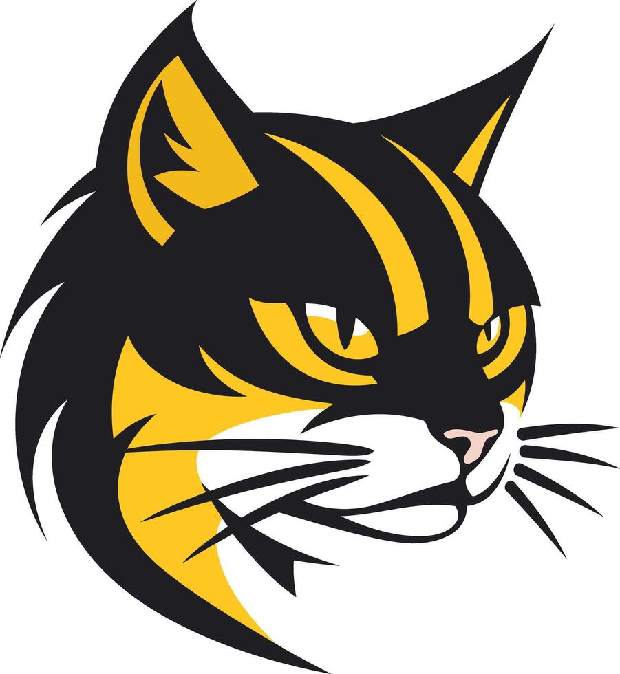 A bold, graphic design of a black and yellow cat's head, perfect for a mascot or logo vector