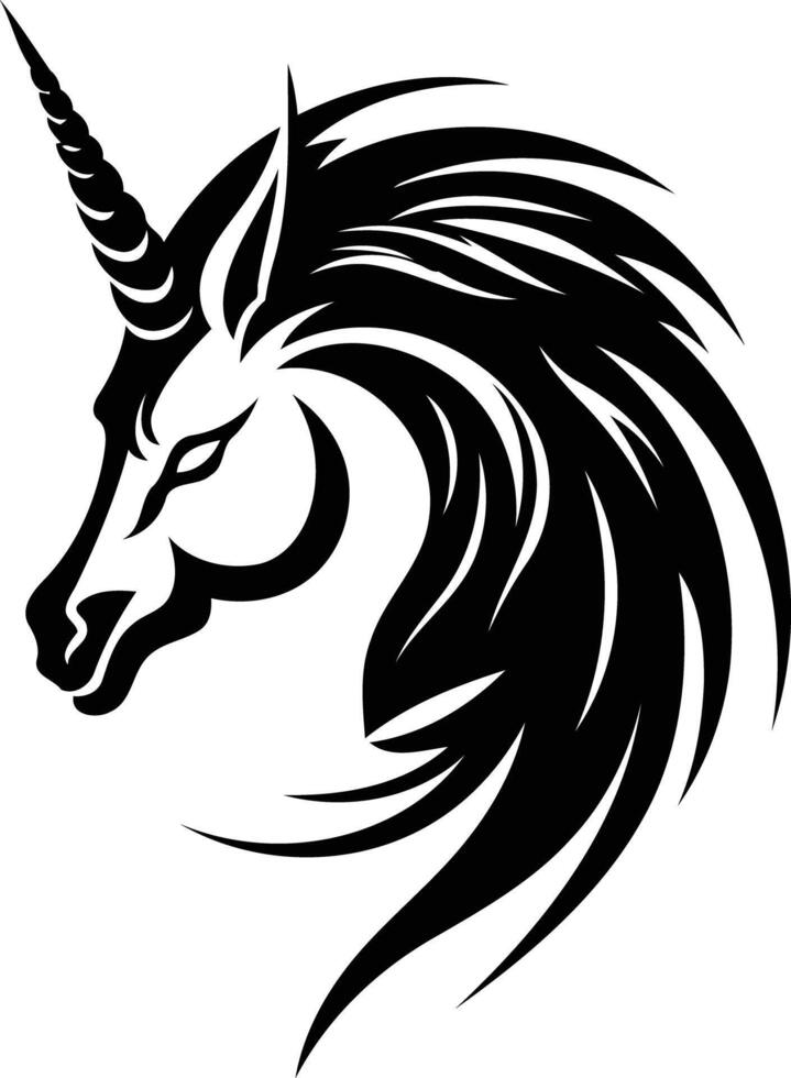 Stylized black and white unicorn head with a flowing mane, perfect for logos, tattoos, and fantasy designs vector