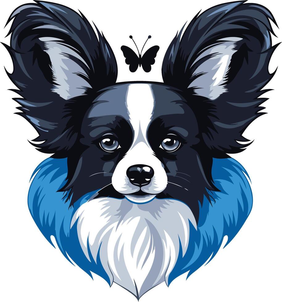 Charming illustration of a papillon dog with a butterfly, perfect for pet-related products, branding, or social media vector