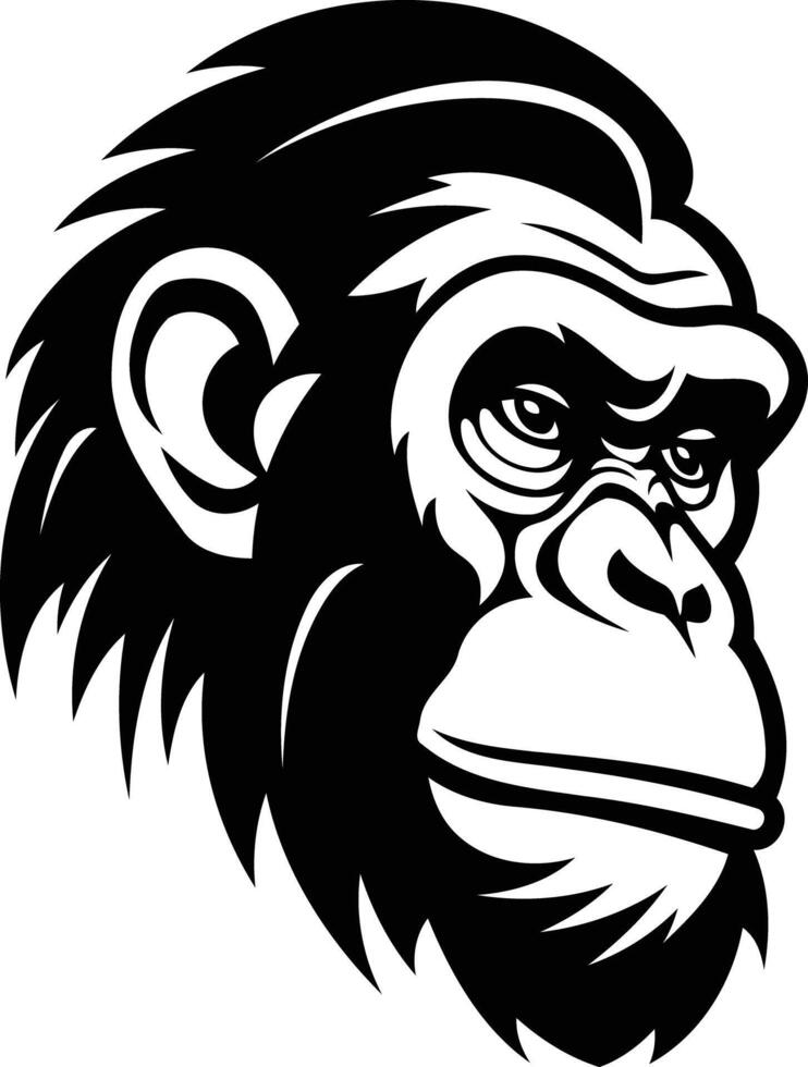 A bold and graphic black and white illustration of a chimpanzee's head, perfect for logo design, branding, and print projects vector