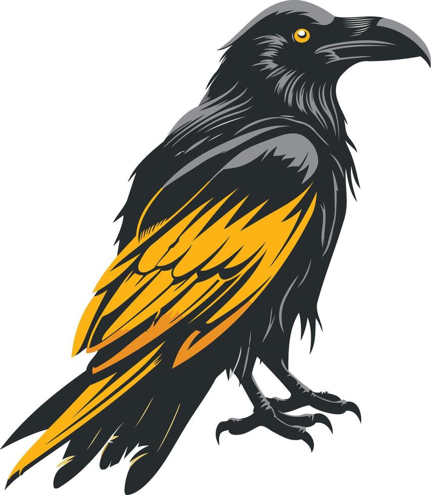 A striking illustration of a raven, with a sleek black body and vibrant yellow accents, perfect for branding, logos, and halloween designs vector