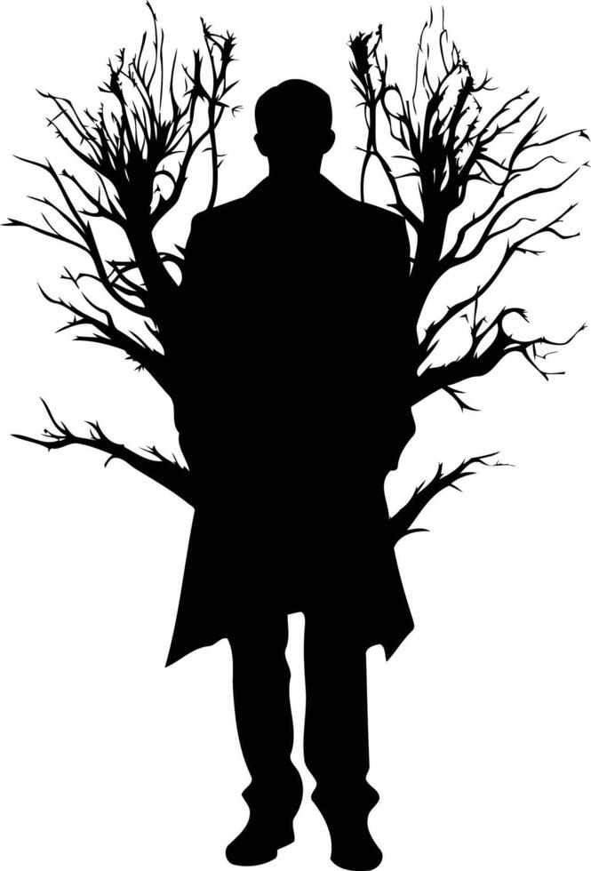A striking silhouette of a man standing within the branches of a tree vector