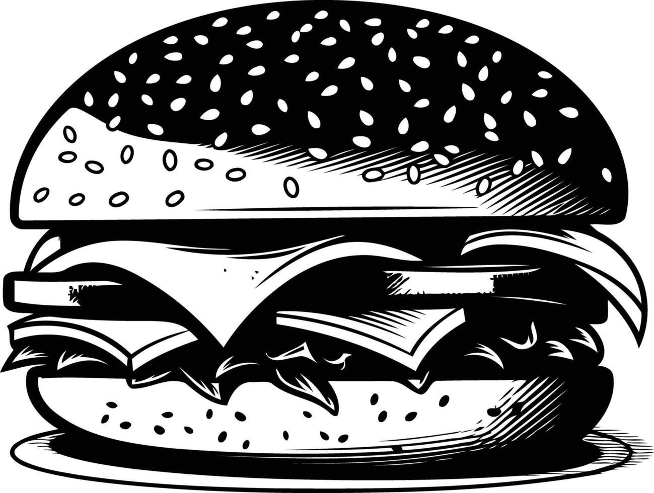 A delicious, detailed silhouette of a classic burger, perfect for use in menus, restaurant branding, or food-related designs vector