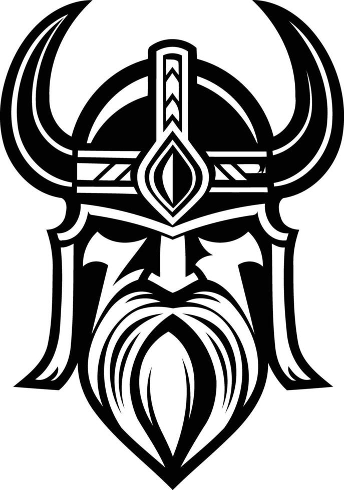 Powerful and intimidating black and white illustration of a viking warrior's helmet and beard vector
