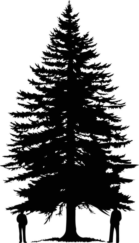 A striking silhouette of a towering pine tree, with two figures standing beneath its branches vector