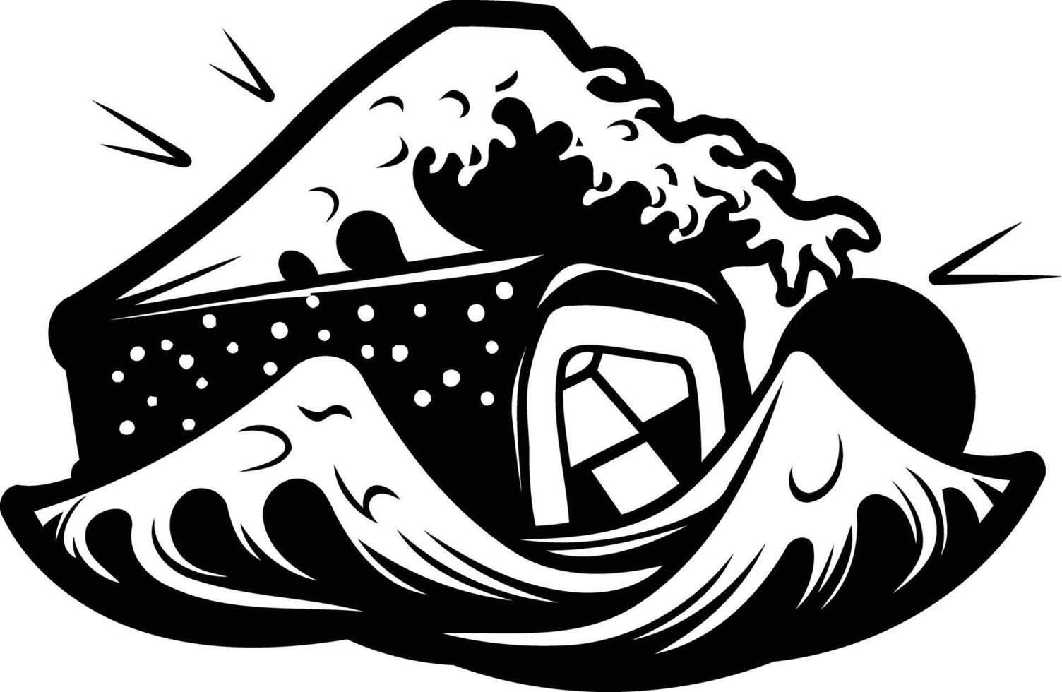 Black and white illustration of a stylized tattoo design featuring a house surrounded by waves vector