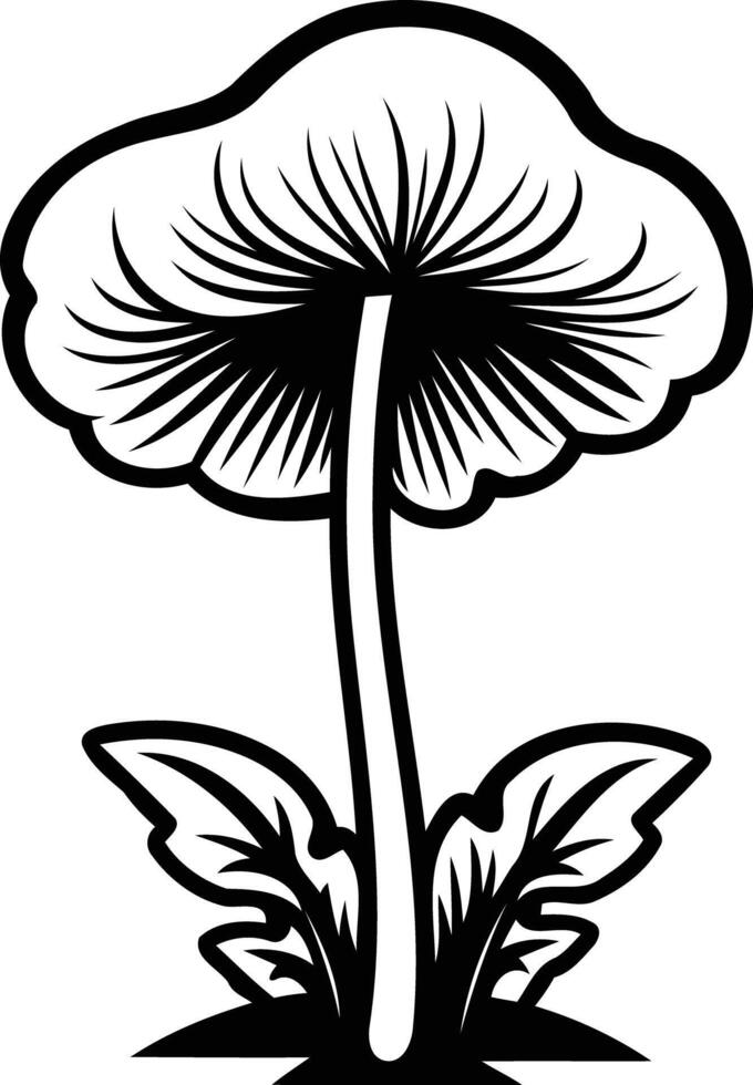 Black and white illustration of a single mushroom with detailed lines and leaves vector