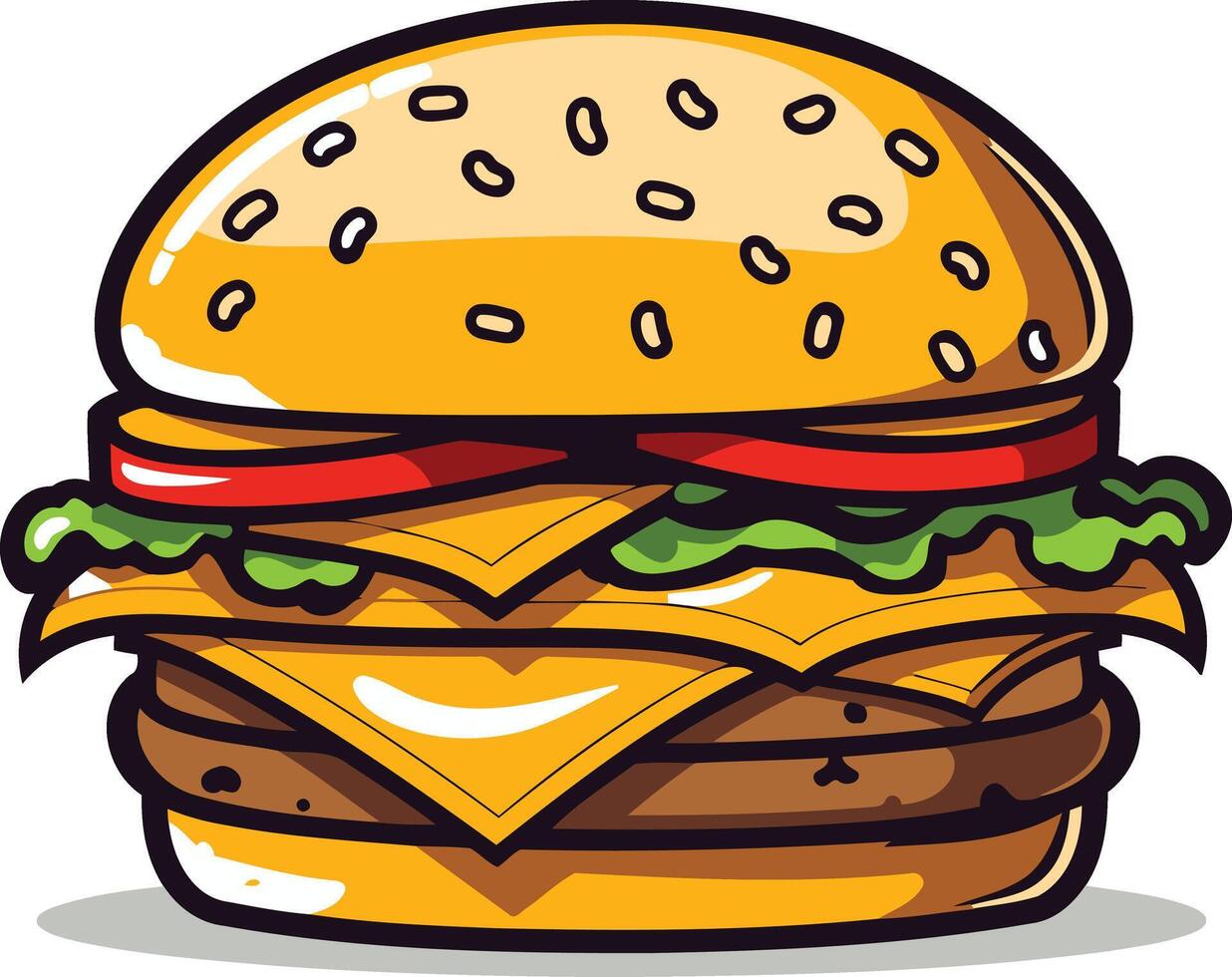 A cartoon illustration of a delicious cheeseburger with sesame seed bun, lettuce, tomato, and cheese vector
