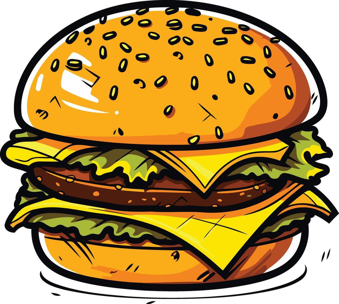 A cartoon illustration of a juicy double cheeseburger with sesame seed bun, lettuce, and melted cheese vector