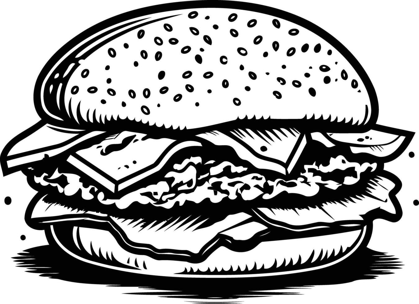 Black and white illustration of a classic burger with sesame seed bun, cheese, lettuce and tomato vector