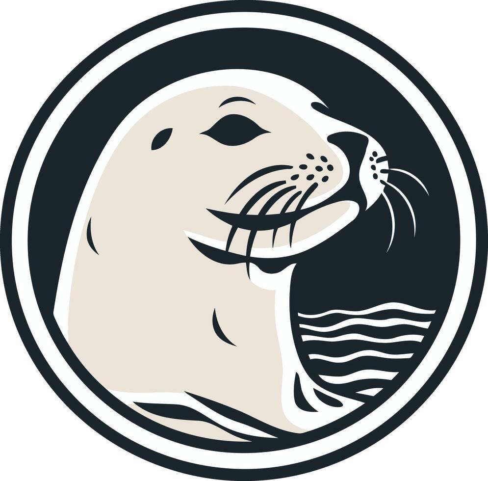 A stylized illustration of a seal's head in a circular frame with water waves below, perfect for branding or design projects related to the ocean, nature, or wildlife vector