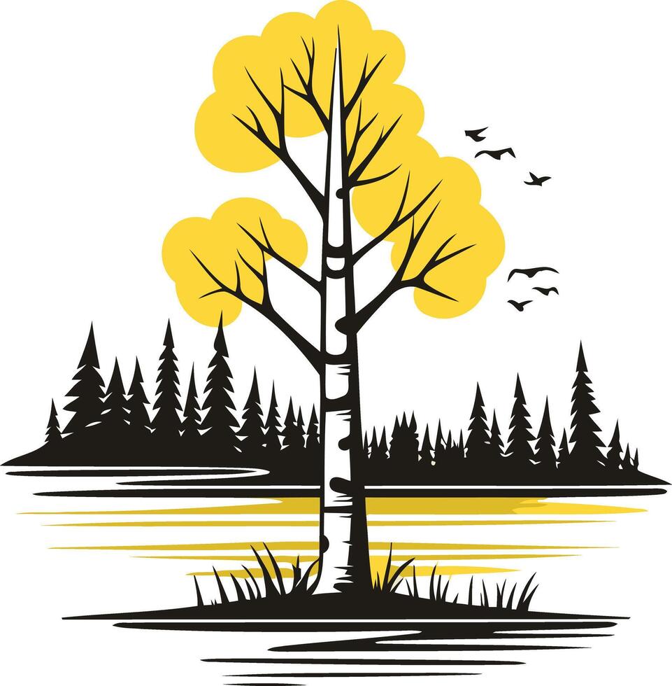 A minimalist illustration of a birch tree in autumn colors, with a serene lake and forest backdrop vector