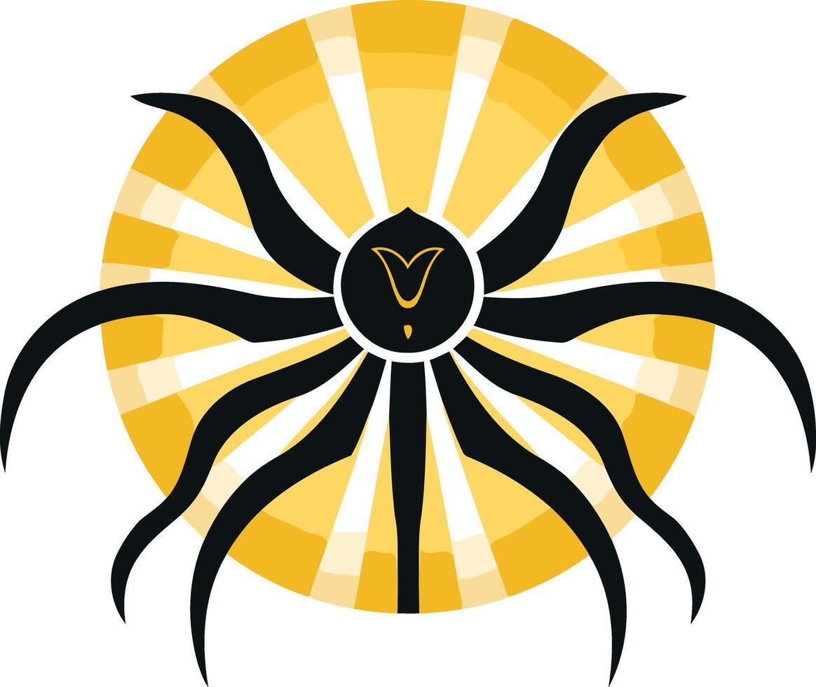 A striking, abstract design features a stylized sunburst with a central black motif, symbolizing power, energy, or celestial influence vector