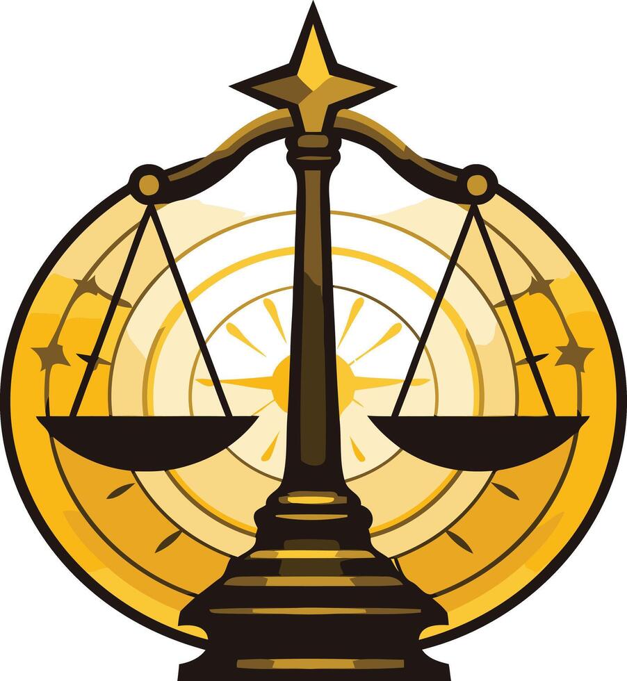 A stylized illustration of a golden scale of justice set against a circular background with a sunburst design vector