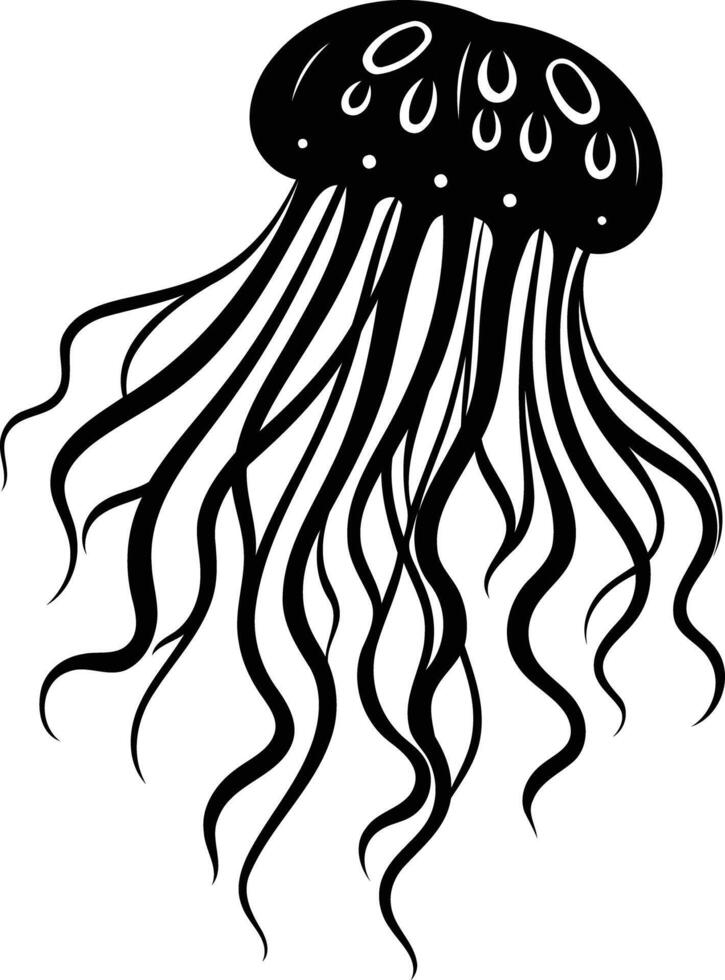 Black and white illustration of a jellyfish with flowing tentacles, perfect for design projects, tattoos, and nature-themed artwork vector