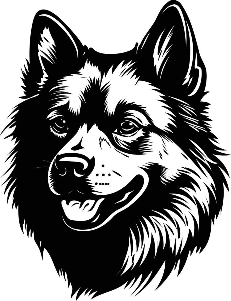 A striking black and white illustration of a dog's head, featuring a friendly expression and detailed fur vector