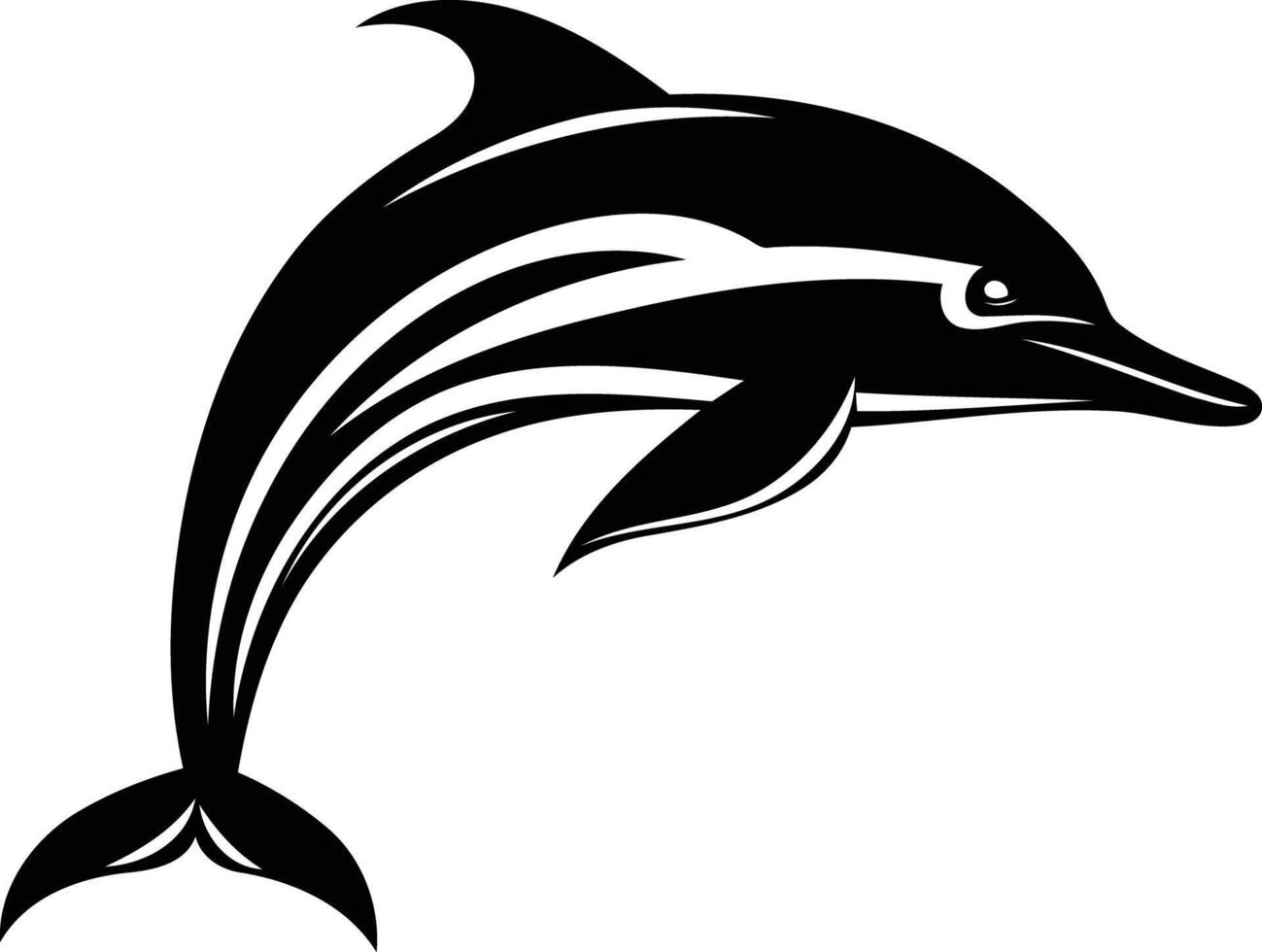 A sleek, stylized black and white silhouette of a leaping dolphin vector