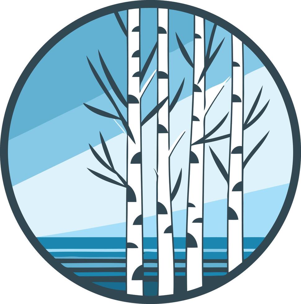 A stylized illustration of a grove of birch trees in a circular frame vector