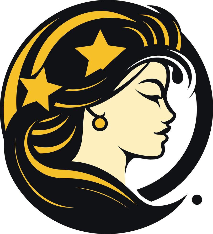 A bold, graphic logo design featuring a woman's profile with flowing hair and a star on her head vector