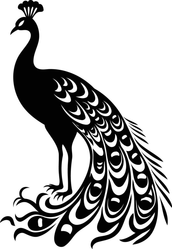 Elegant black and white silhouette of a peacock with a detailed, intricate tail vector