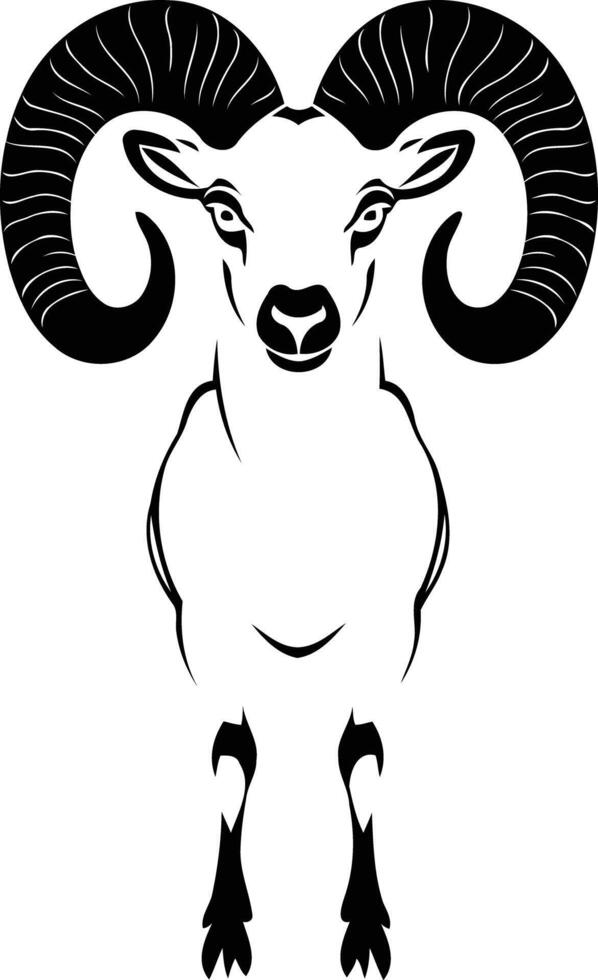 A striking black silhouette of a ram, with large, spiraled horns vector