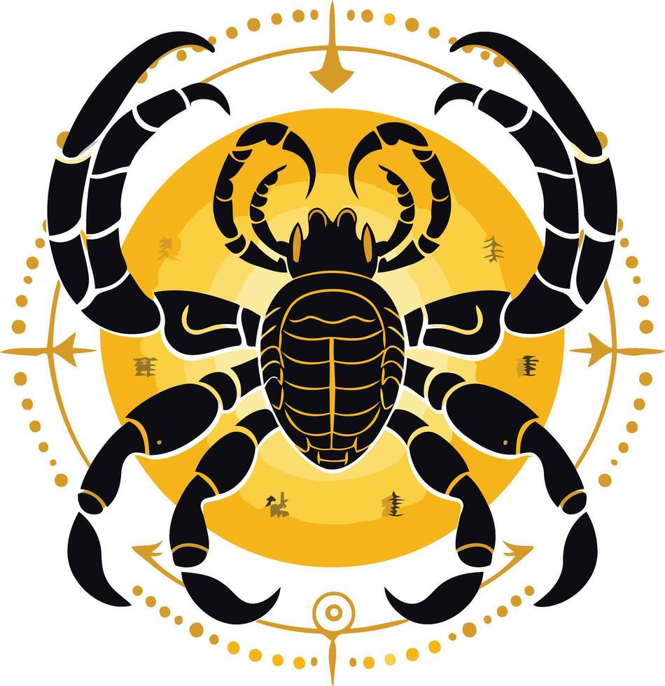 Stylized black scorpion silhouette on a yellow sunburst background with a golden circle and dots, perfect for astrology, zodiac, and mystical design projects vector