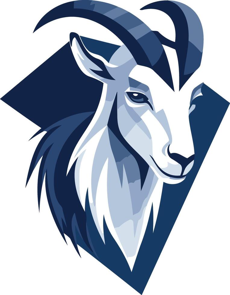 A bold, graphic illustration of a goat's head, stylized with sharp lines and contrasting blue and white colors vector