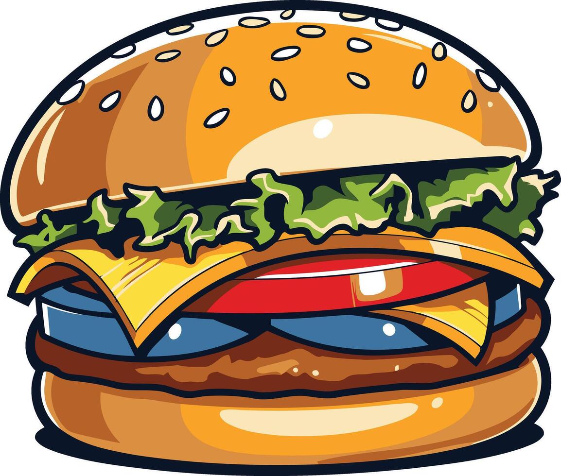 A delicious, cartoon-style burger with lettuce, tomato, cheese, and a juicy patty vector