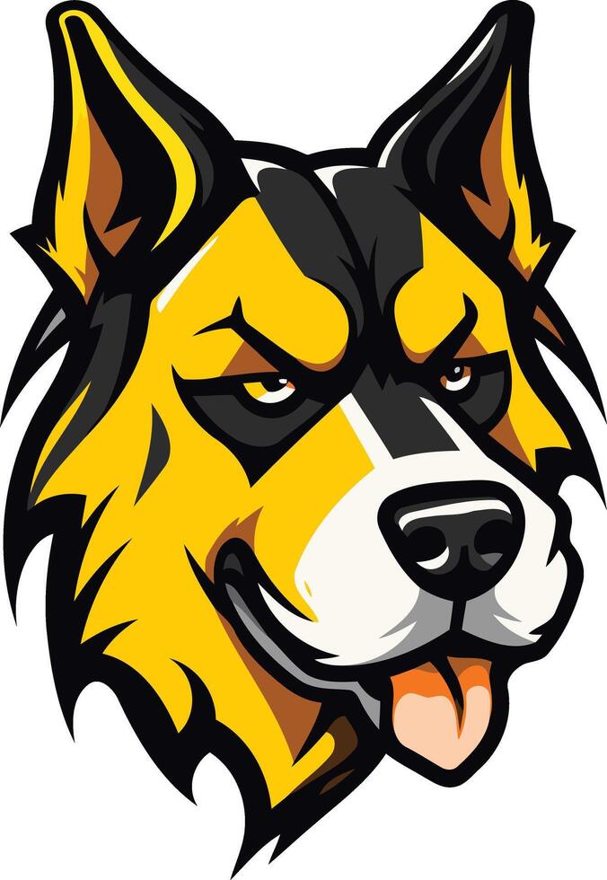 A fierce and playful cartoon dog head, with yellow fur and black markings vector