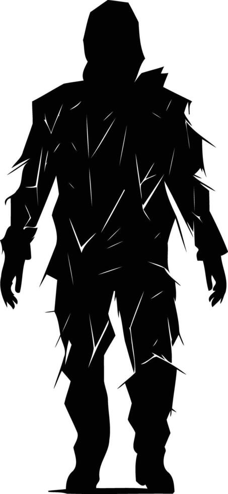 A haunting silhouette of a figure, shrouded in darkness, with a textured surface that suggests decay or corruption vector