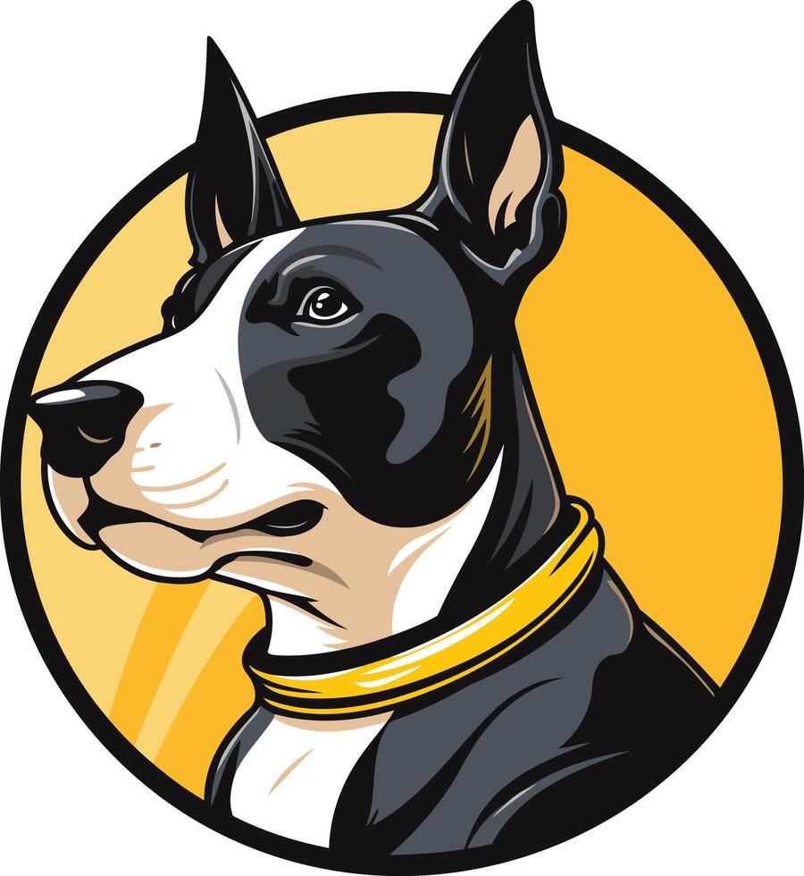 cool, stylized portrait of a black and white bull terrier with a gold collar, perfect for pet-related logos, branding, or merchandise vector