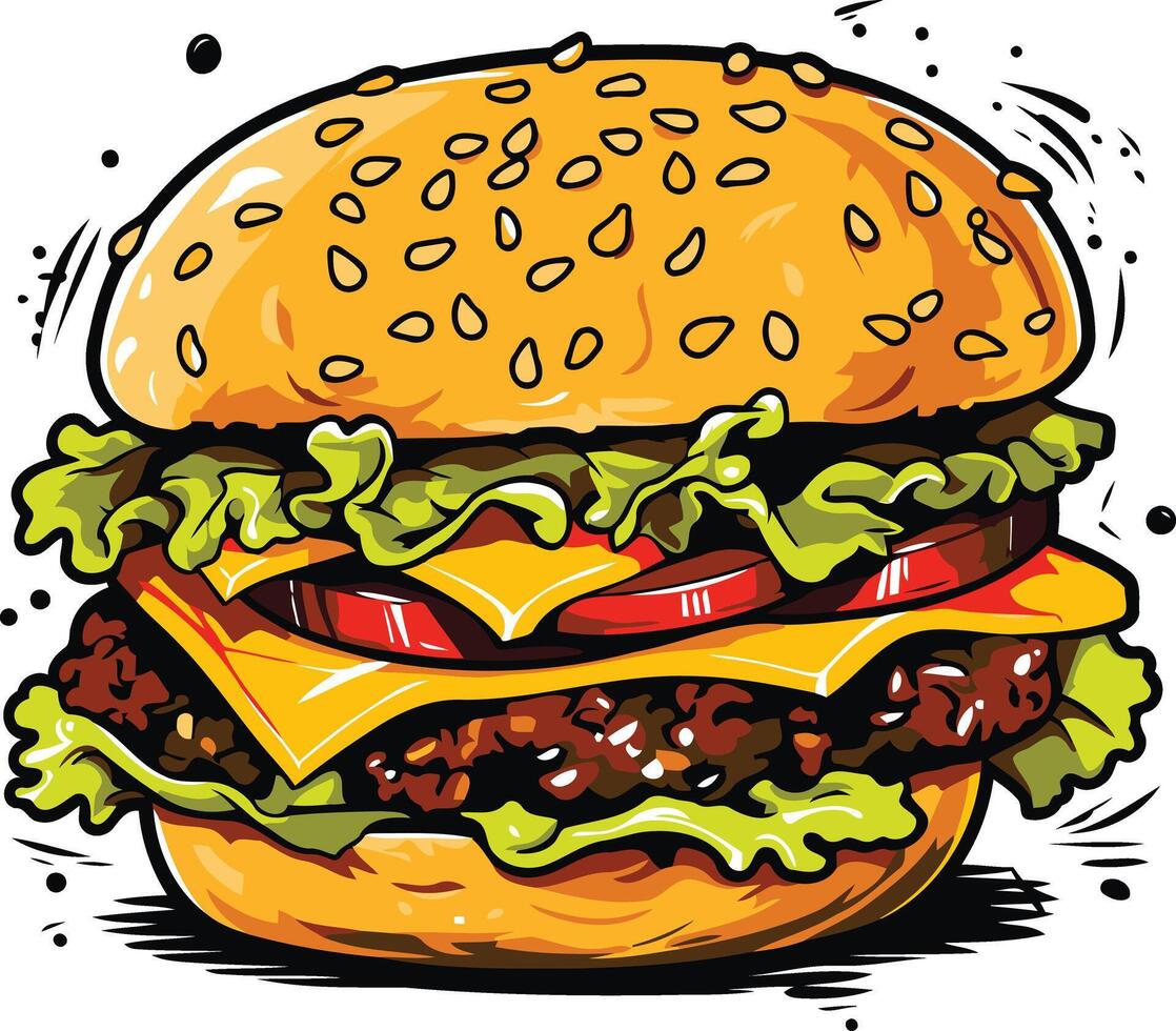 A cartoon burger with a sesame seed bun, lettuce, tomato, cheese and a juicy patty vector