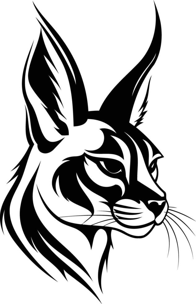 A striking black and white illustration of a caracal's head, perfect for a bold logo, tattoo design, or branding element vector