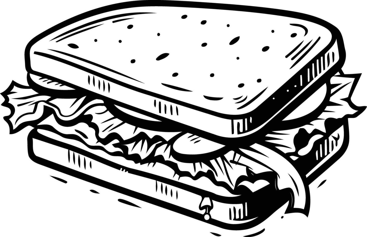 A hand-drawn illustration of a classic sandwich with lettuce, in a simple black and white style vector
