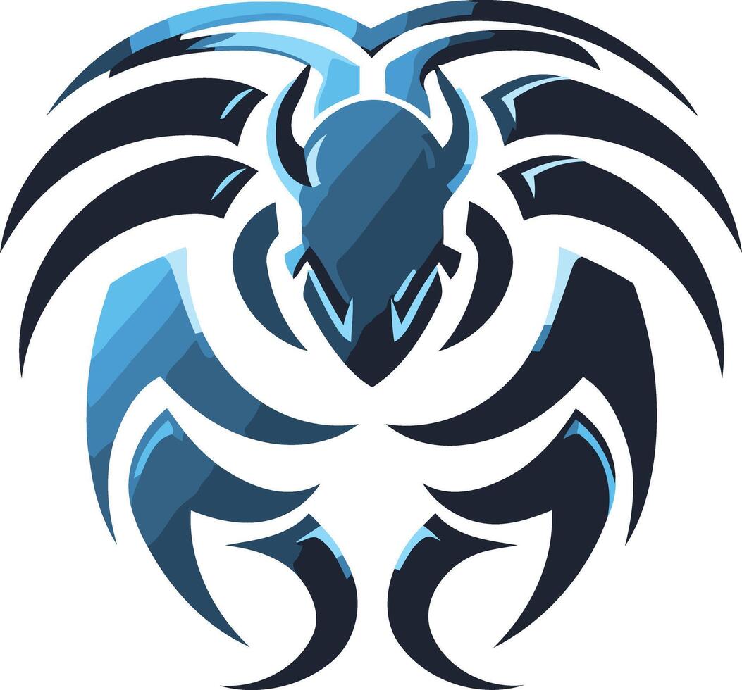 A striking, abstract logo featuring a stylized, tribal-inspired creature with a bold blue and black color scheme vector