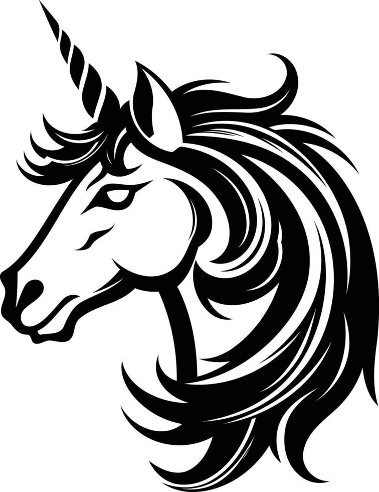 Black and white stylized unicorn head silhouette with a flowing mane and horn, perfect for tattoo design, t-shirt prints, and magical artwork vector